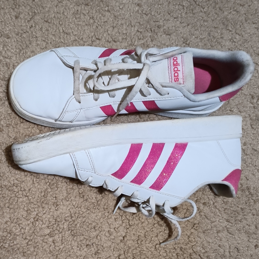 Adidas White and Pink Sneakers with glitter Stripes